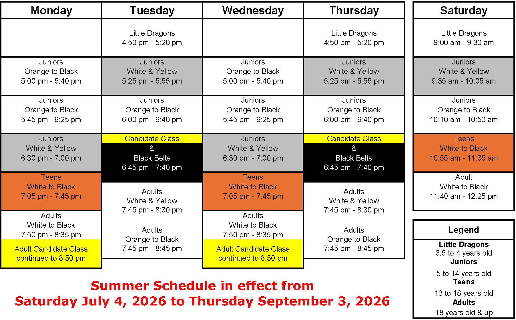 Energy Karate weekly class schedule showing Little Dragons, Junior, Teen, and Adult program times