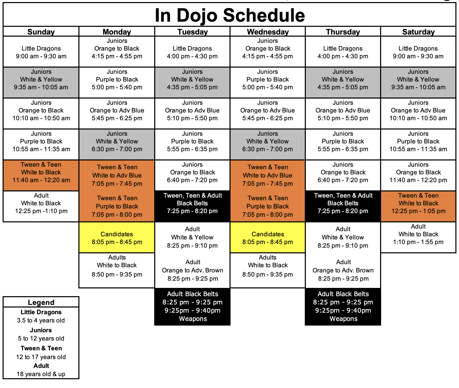 Fall 2021 In Dojo Schedule